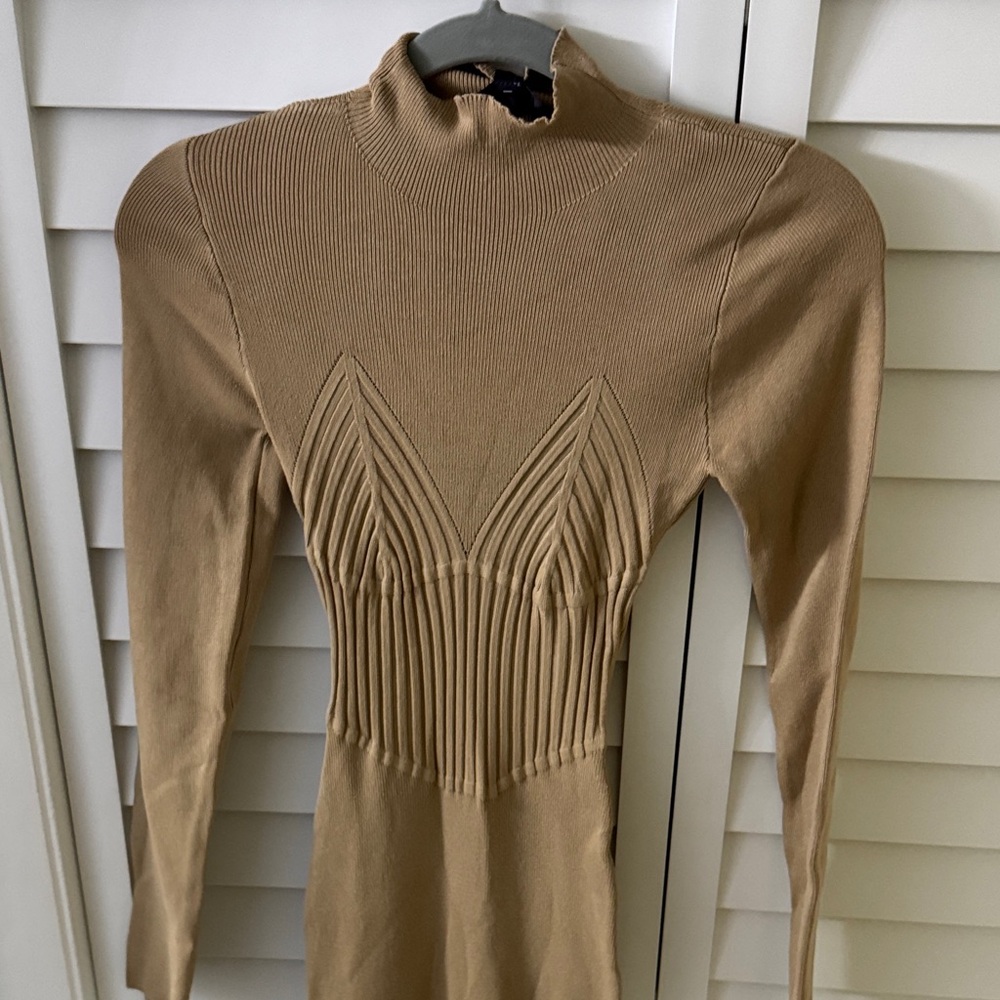 Hera Collection Tan High-Neck Long Sleeve Ribbed Knit Dress